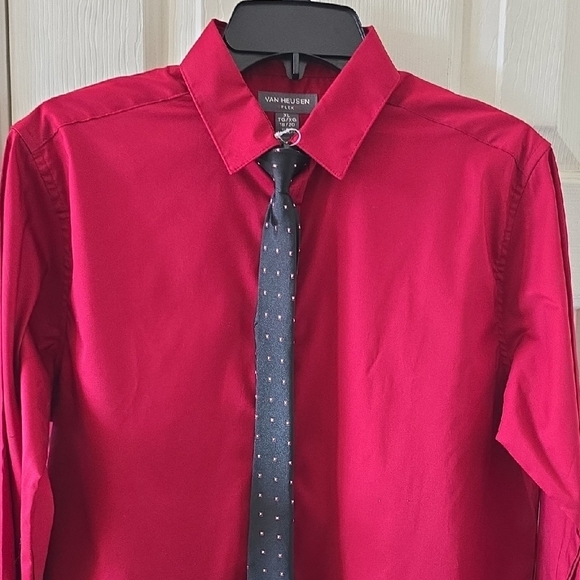 VAN HEUSEN BOYS "RHUBARB" RED LONG SLEEVES DRESS SHIRT WITH CLIP-ON TIE XL HUSKY - Picture 1 of 16